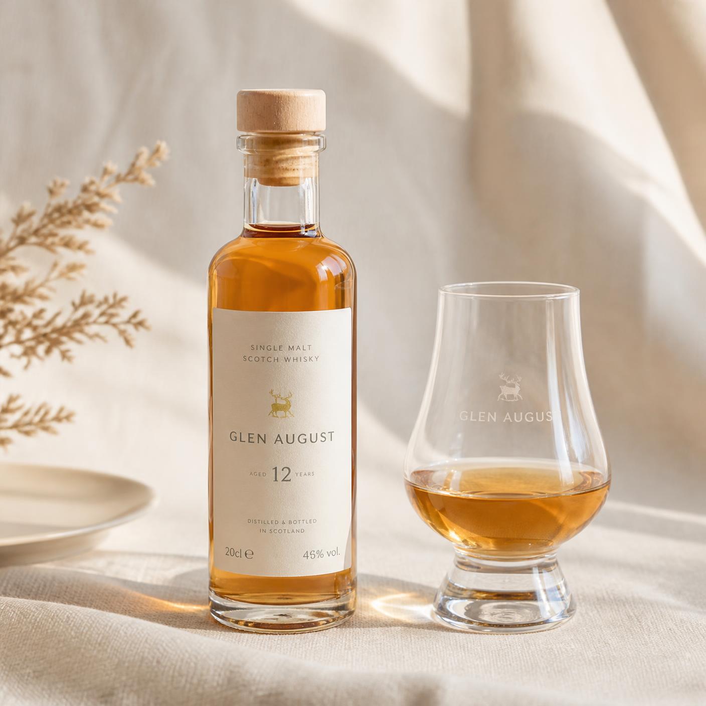 Egy pohár whisky és palack elegáns, meleg fényben